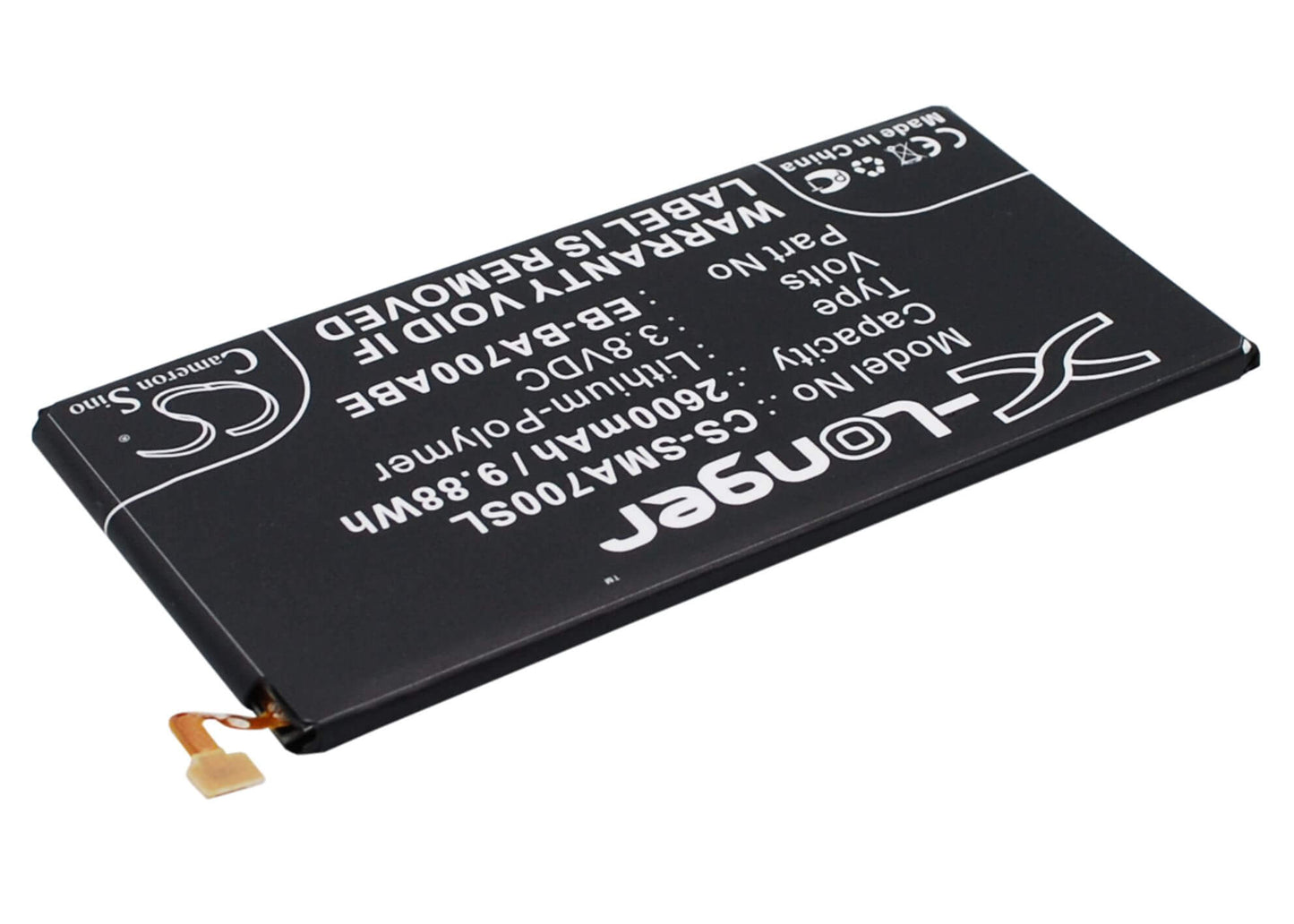 3.8V, 2600mAh, Li-Polymer Battery fits Samsung, Galaxy A7, Galaxy A7 Duos, 9.88Wh