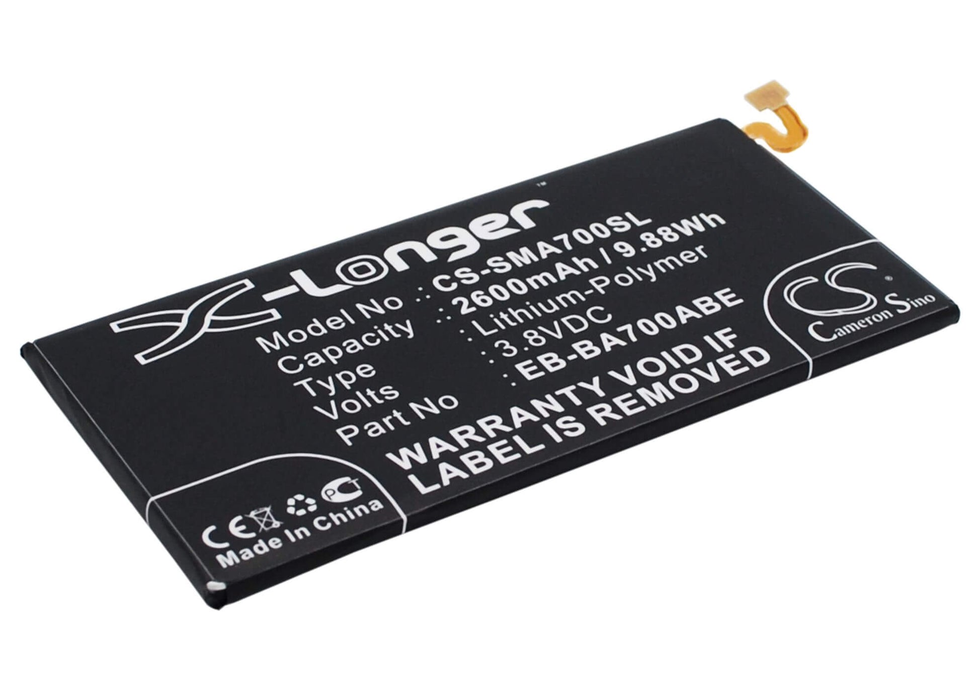 3.8V, 2600mAh, Li-Polymer Battery fits Samsung, Galaxy A7, Galaxy A7 Duos, 9.88Wh