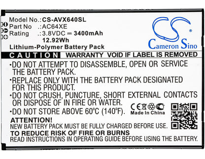 3.8V, 3400mAh, Li-Polymer Battery fits Archos, 64 Xenon, 12.92Wh