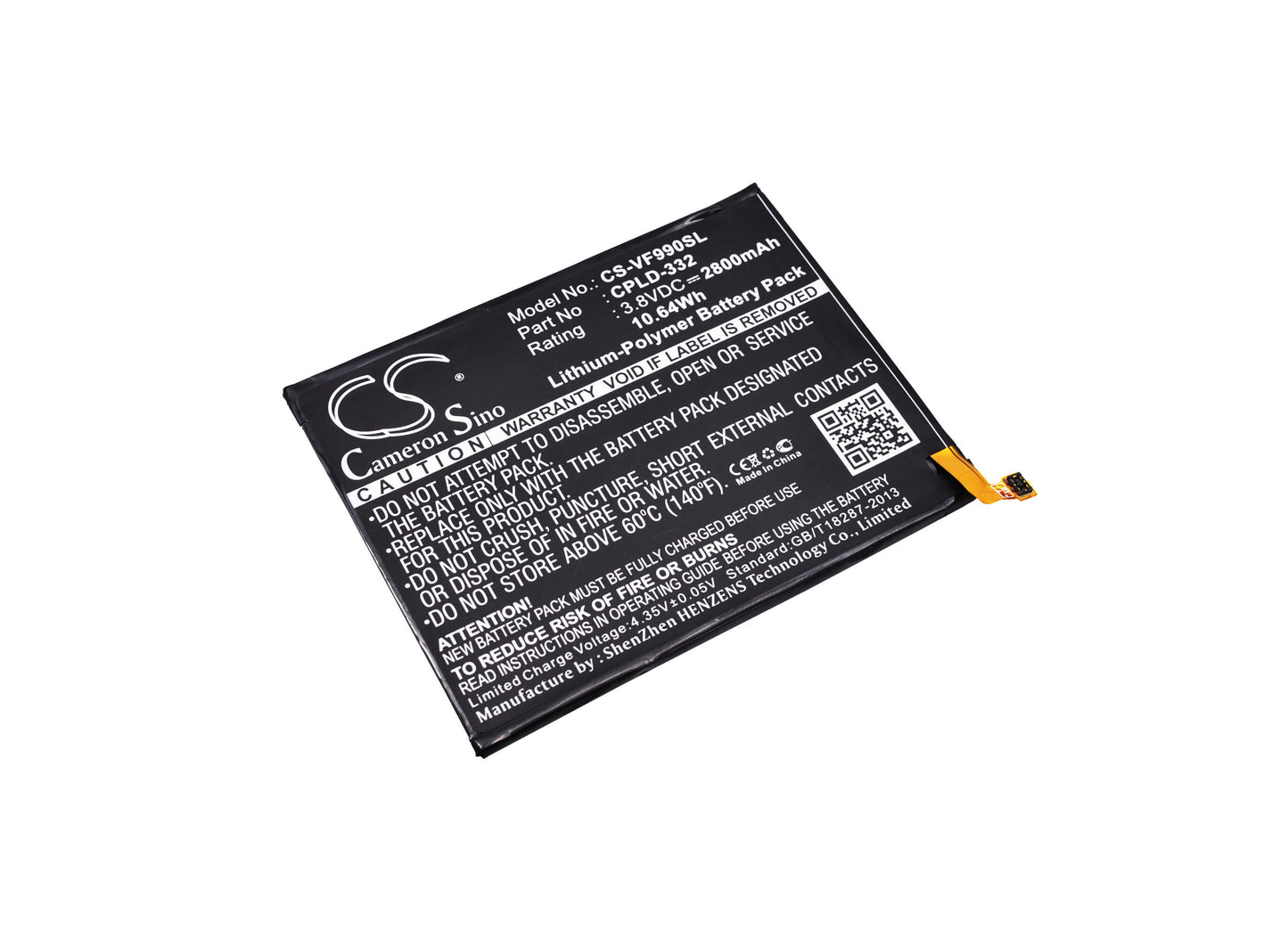 3.8V, 2800mAh, Li-Polymer Battery fits Vodafone, 990n, 990n-pt, 10.64Wh