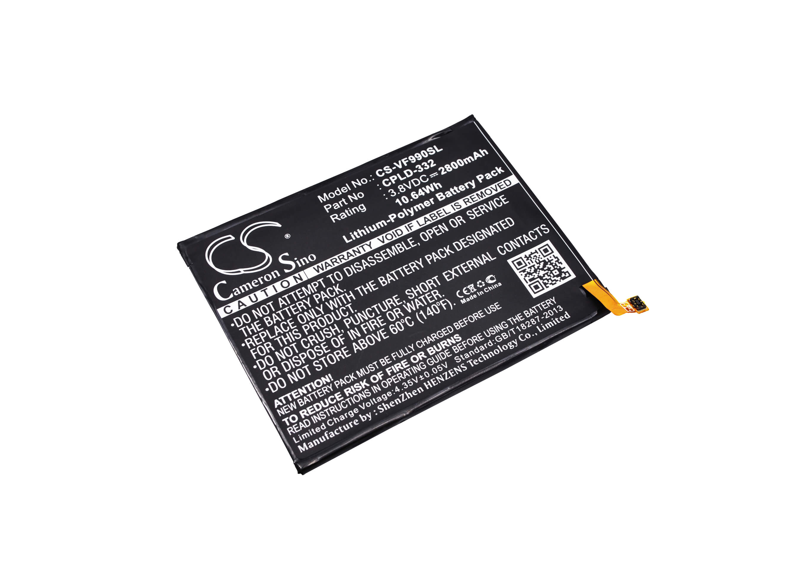 3.8V, 2800mAh, Li-Polymer Battery fits Vodafone, 990n, 990n-pt, 10.64Wh