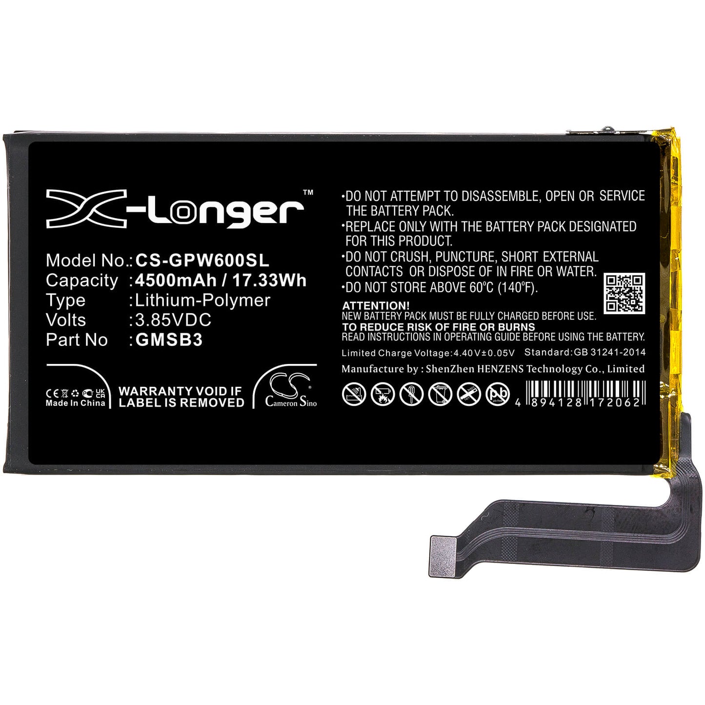 3.85V, 4500mAh, Li-Polymer Battery fits Google, G9s9b, Gb7n6, 17.325Wh