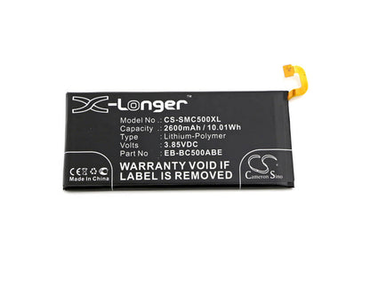 3.85V, 2600mAh, Li-Polymer Battery fits Samsung, Galaxy C5, Galaxy C5 Duos Td-lte, 10.01Wh