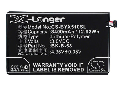 3.8V, 3400mAh, Li-Polymer Battery fits Bbk, Vivo X510t, Vivo X510w, 12.92Wh