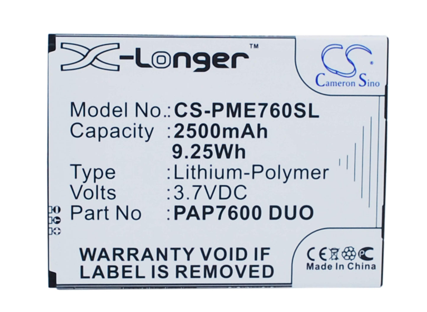 3.7V, 2500mAh, Li-Polymer Battery fits Prestigio, Multiphone 7600 Duo, 9.25Wh