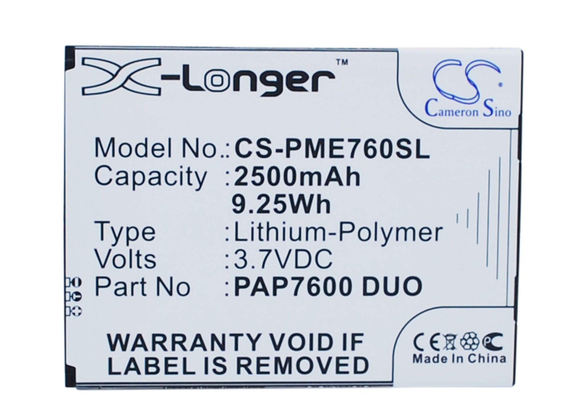 3.7V, 2500mAh, Li-Polymer Battery fits Prestigio, Multiphone 7600 Duo, 9.25Wh