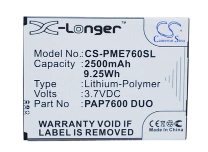 3.7V, 2500mAh, Li-Polymer Battery fits Prestigio, Multiphone 7600 Duo, 9.25Wh