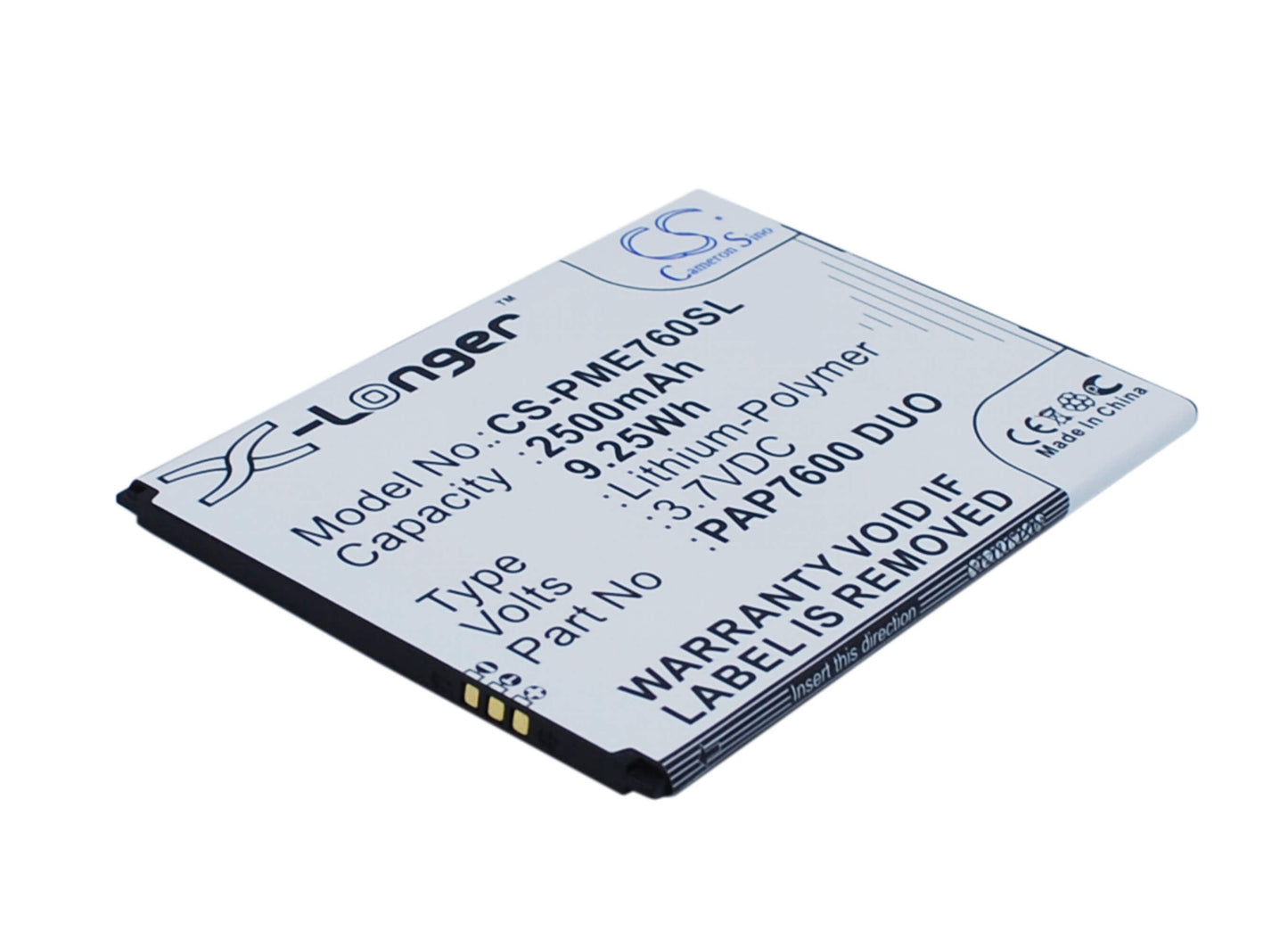 3.7V, 2500mAh, Li-Polymer Battery fits Prestigio, Multiphone 7600 Duo, 9.25Wh