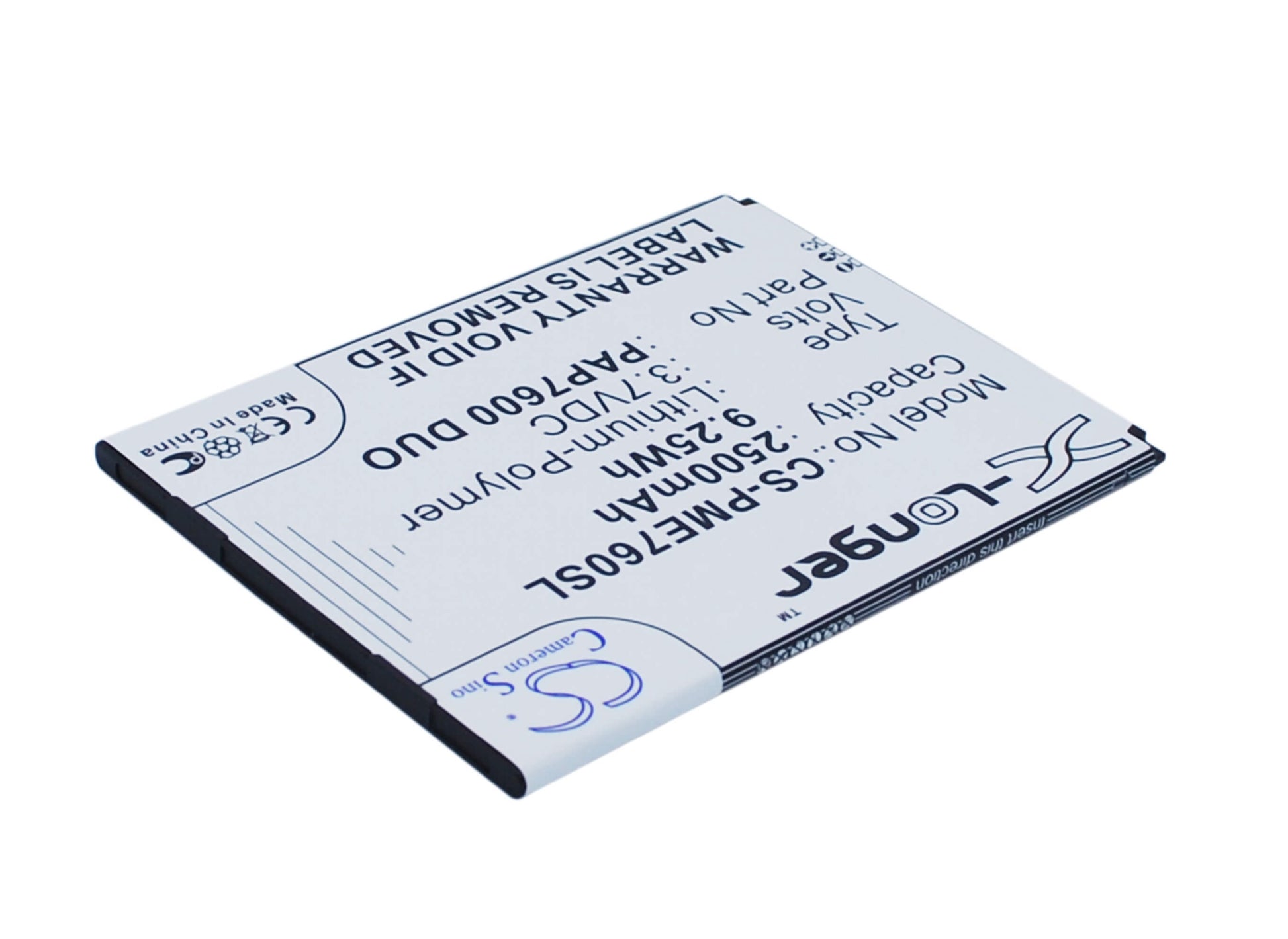 3.7V, 2500mAh, Li-Polymer Battery fits Prestigio, Multiphone 7600 Duo, 9.25Wh