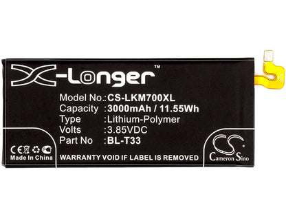 3.85V, 3000mAh, Li-Polymer Battery fits Lg, M700a, M700an, 11.55Wh