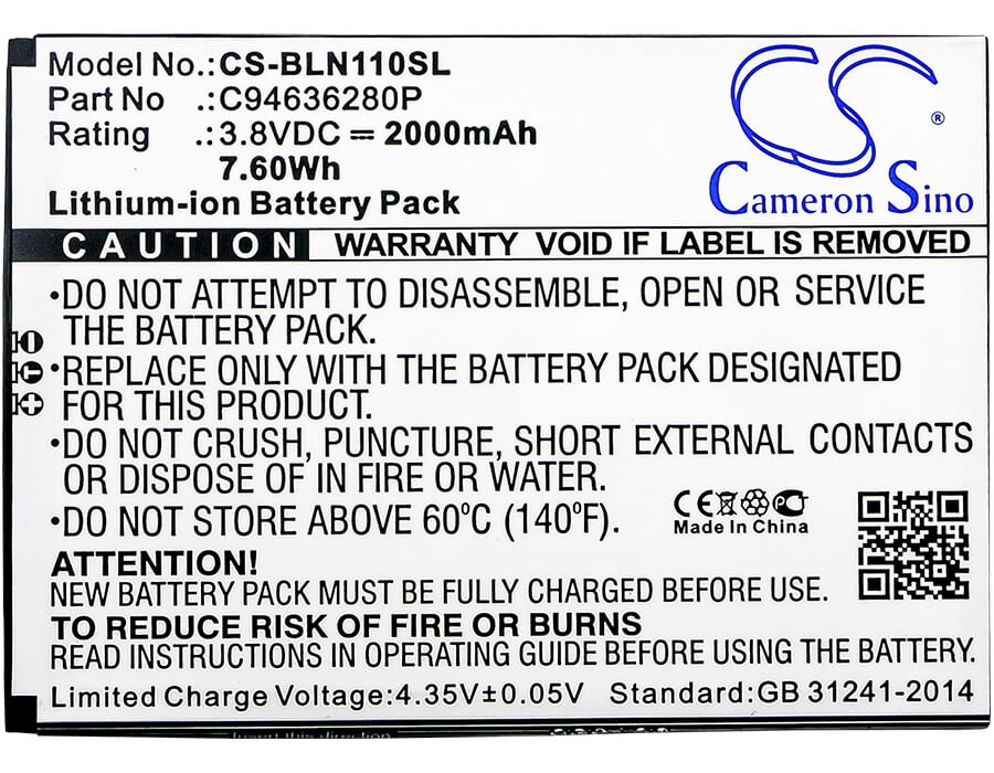 3.8V, 2000mAh, Li-ion Battery fits Blu, N110u, Neo Xl, 7.6Wh