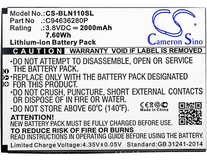 3.8V, 2000mAh, Li-ion Battery fits Blu, N110u, Neo Xl, 7.6Wh