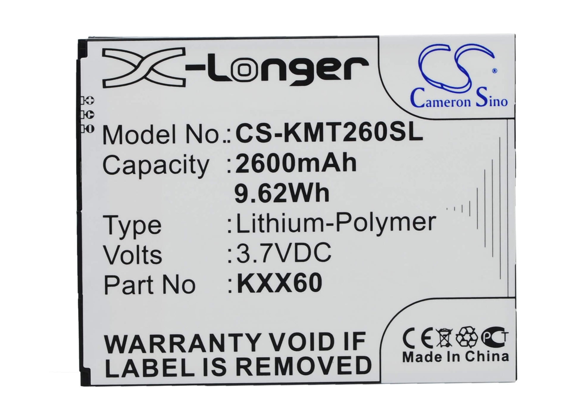 3.7V, 2600mAh, Li-Polymer Battery fits Kazam, Trooper 2 X6.0, Trooper 6.0, 9.62Wh