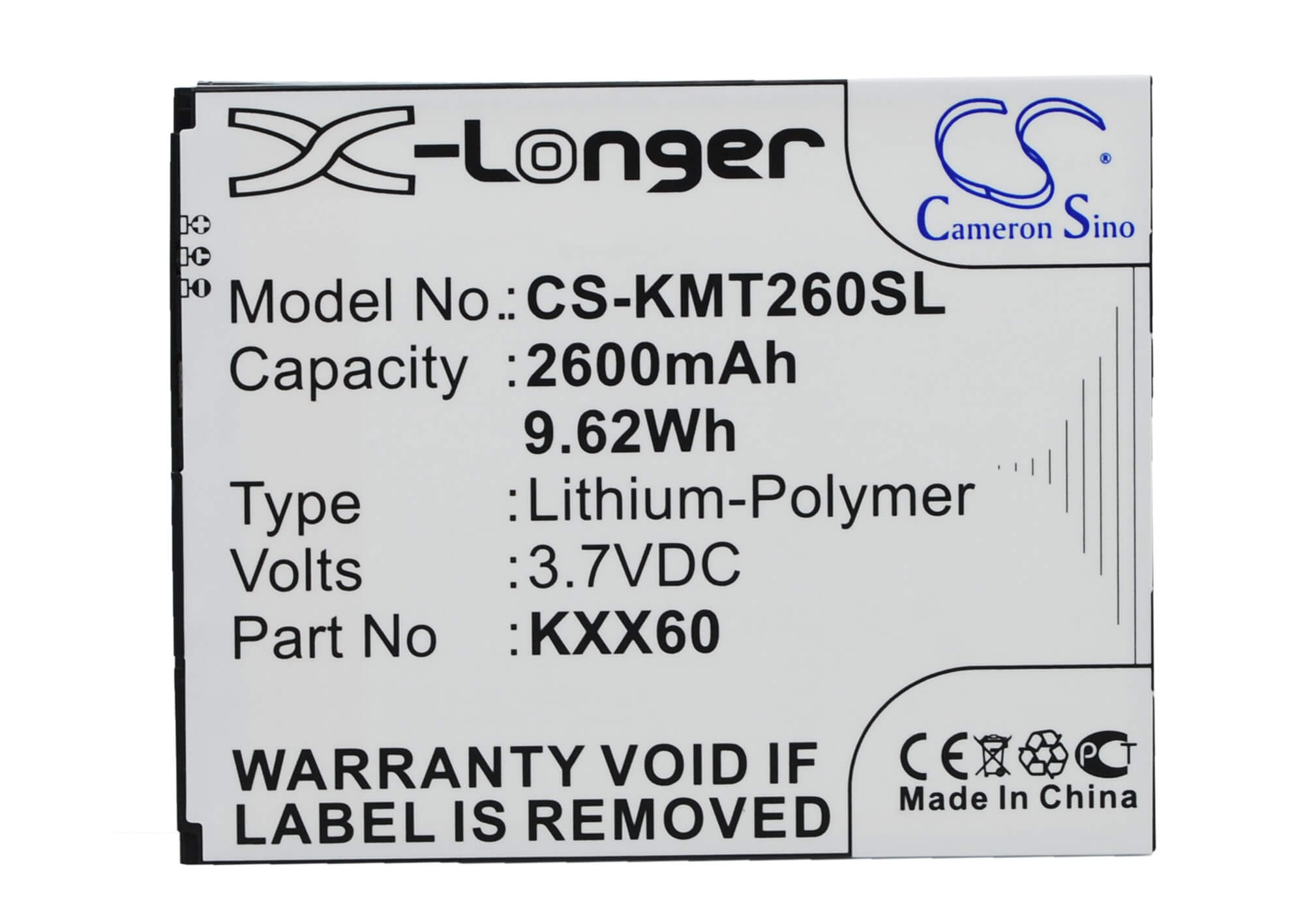 3.7V, 2600mAh, Li-Polymer Battery fits Kazam, Trooper 2 X6.0, Trooper 6.0, 9.62Wh