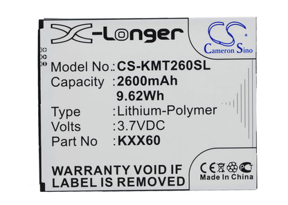 3.7V, 2600mAh, Li-Polymer Battery fits Kazam, Trooper 2 X6.0, Trooper 6.0, 9.62Wh