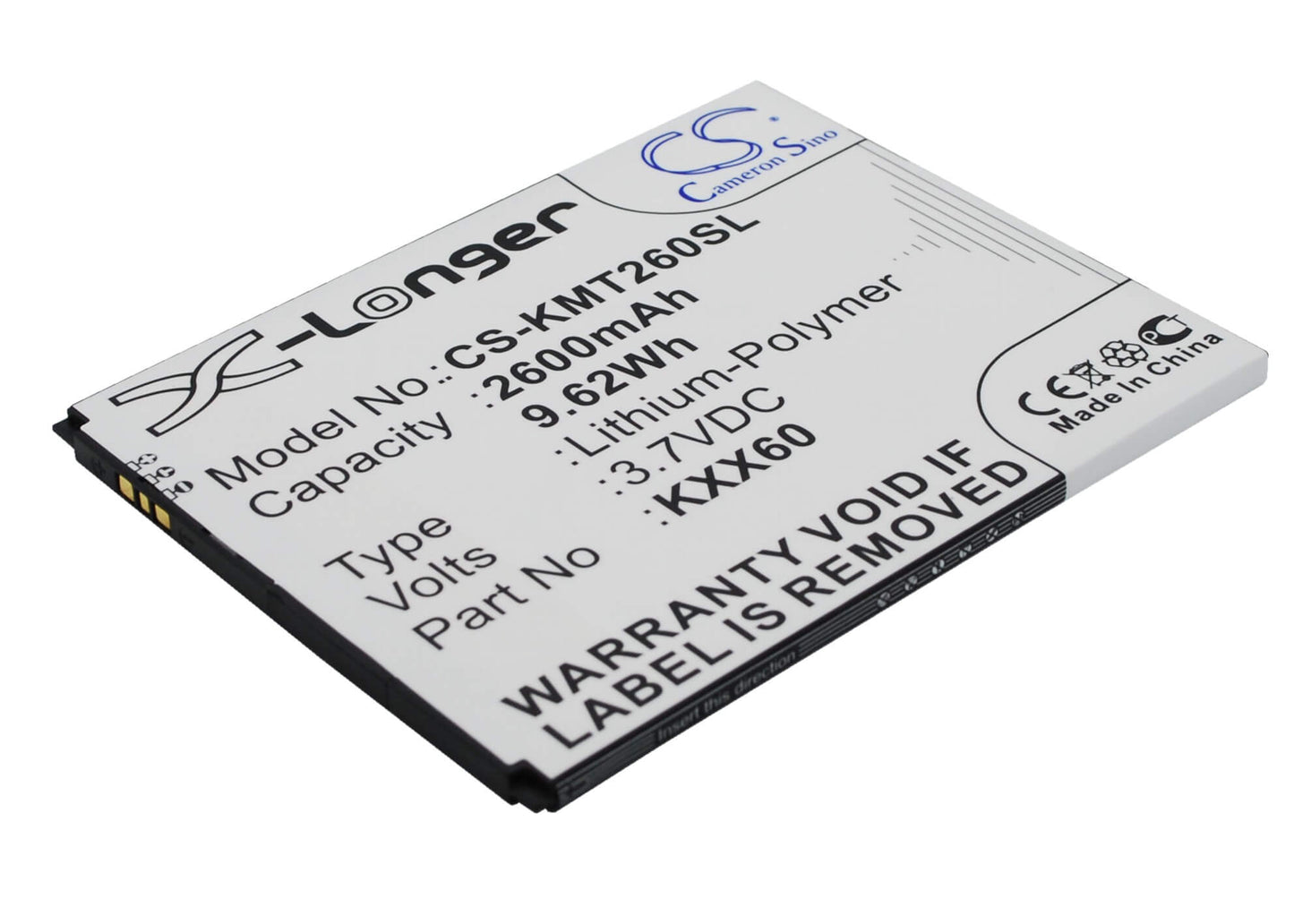 3.7V, 2600mAh, Li-Polymer Battery fits Kazam, Trooper 2 X6.0, Trooper 6.0, 9.62Wh
