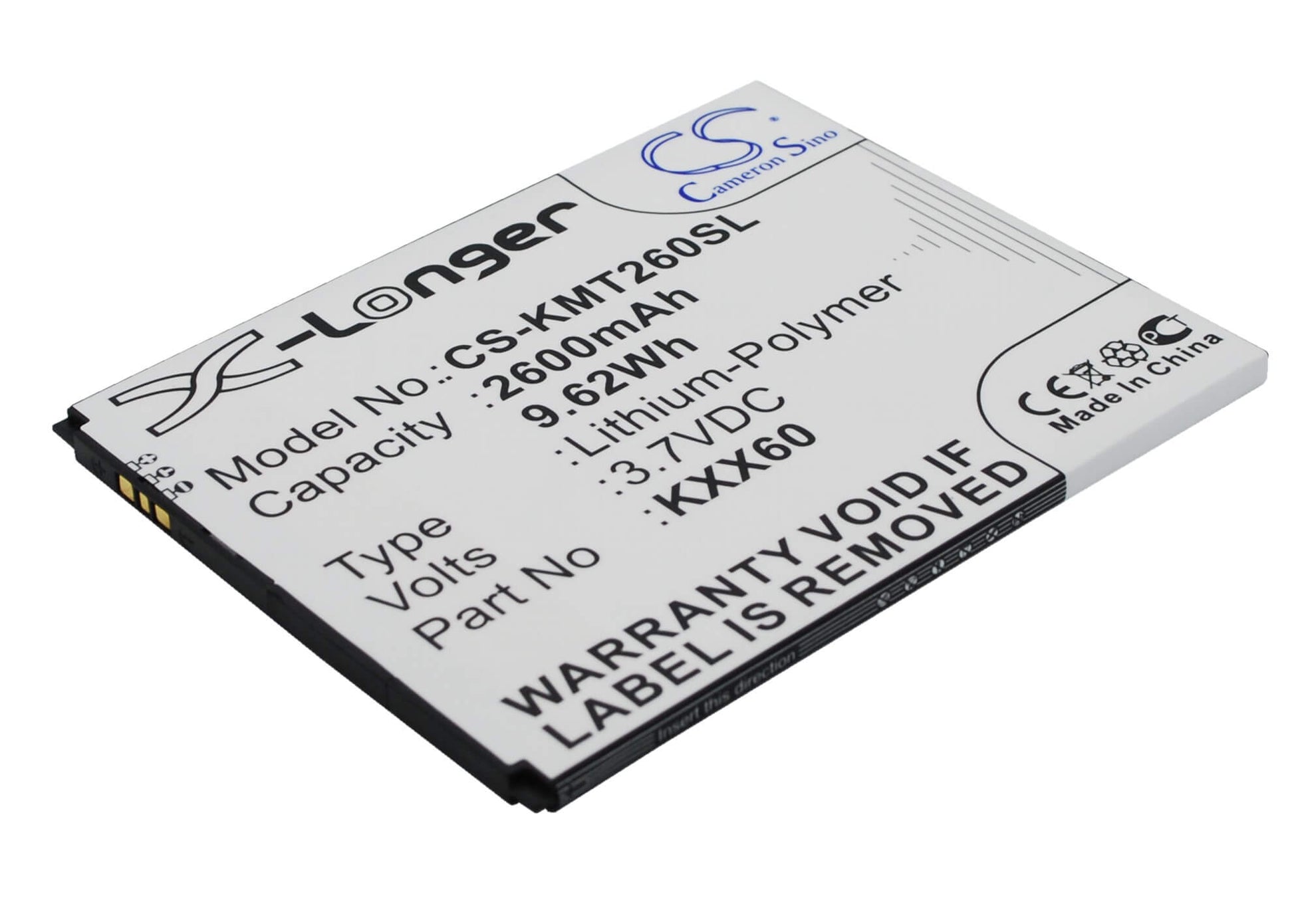 3.7V, 2600mAh, Li-Polymer Battery fits Kazam, Trooper 2 X6.0, Trooper 6.0, 9.62Wh