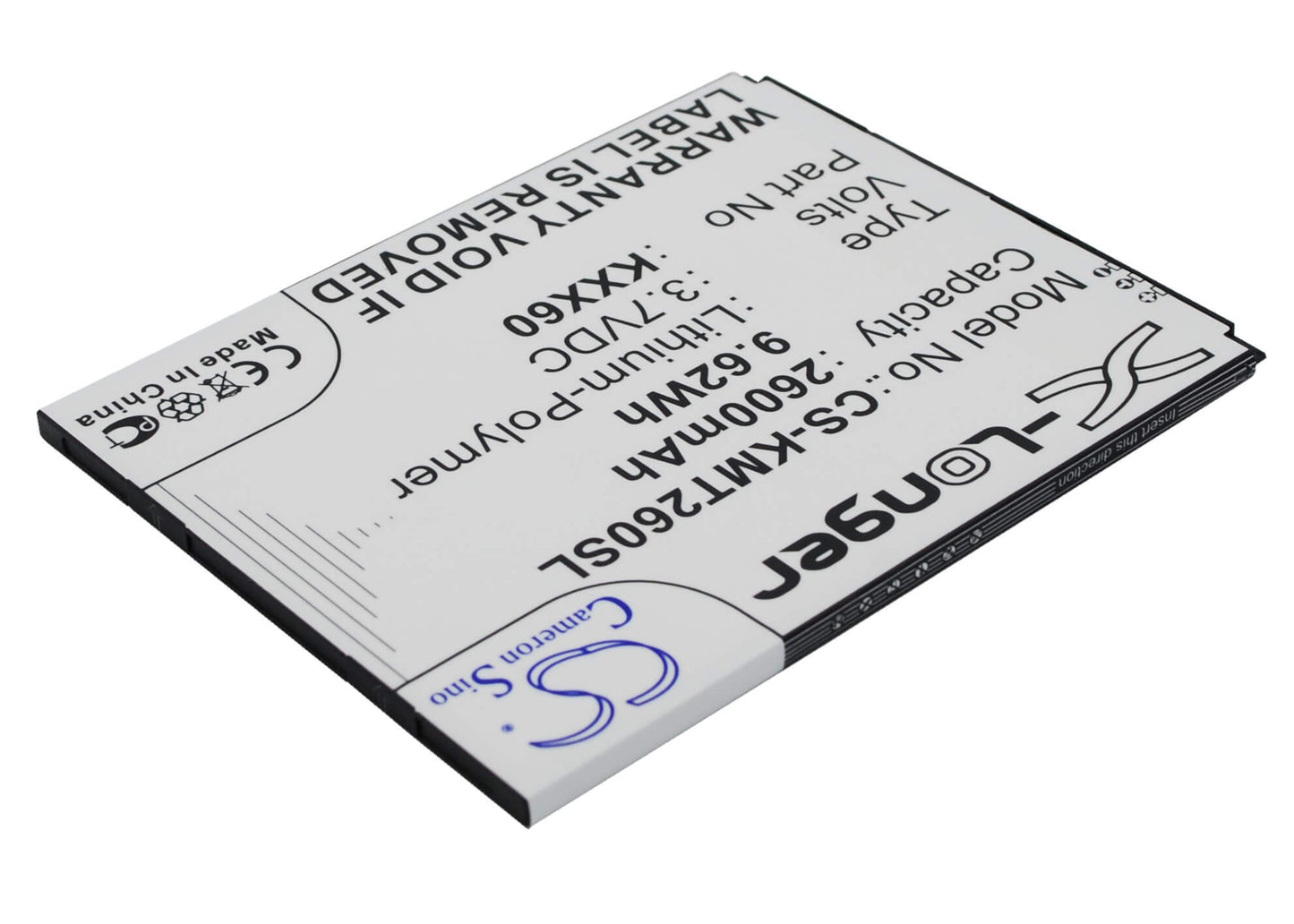 3.7V, 2600mAh, Li-Polymer Battery fits Kazam, Trooper 2 X6.0, Trooper 6.0, 9.62Wh
