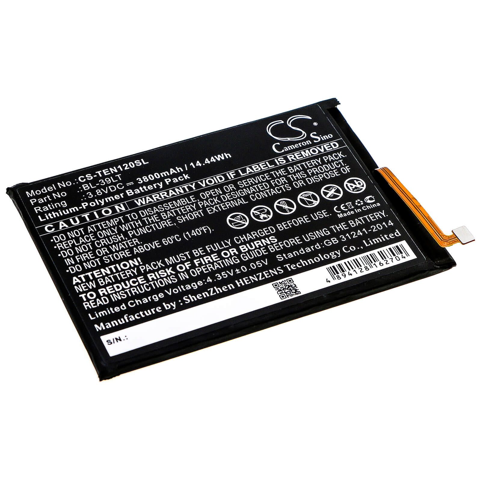 3.8V, 3800mAh, Li-Polymer Battery fits Tecno, Camon 12, Camon 15, 14.44Wh