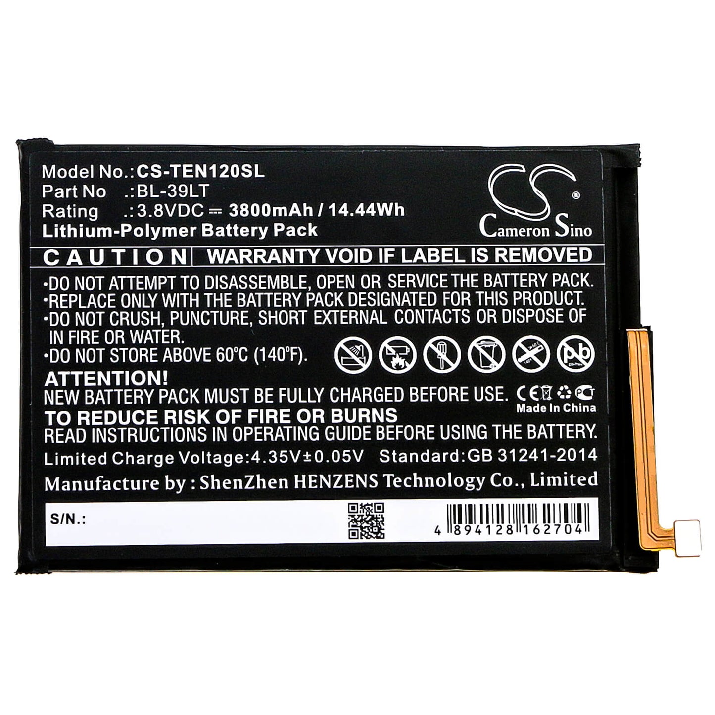 3.8V, 3800mAh, Li-Polymer Battery fits Tecno, Camon 12, Camon 15, 14.44Wh