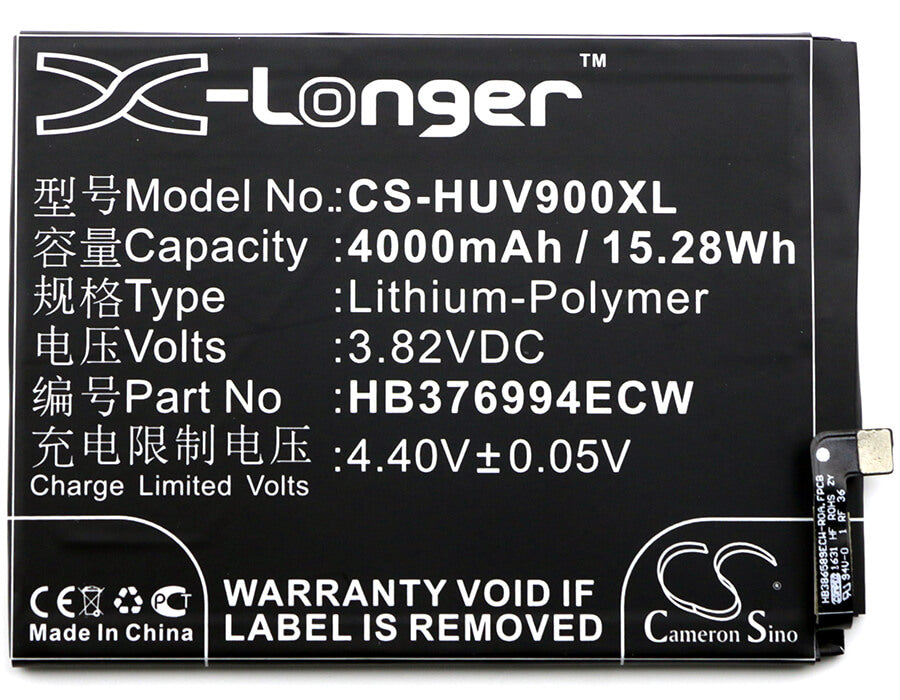 3.82V, 4000mAh, Li-Polymer Battery fits Huawei, Duk-al20, Duk-l09, 15.28Wh