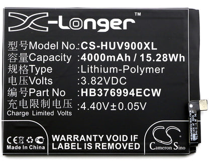 3.82V, 4000mAh, Li-Polymer Battery fits Huawei, Duk-al20, Duk-l09, 15.28Wh