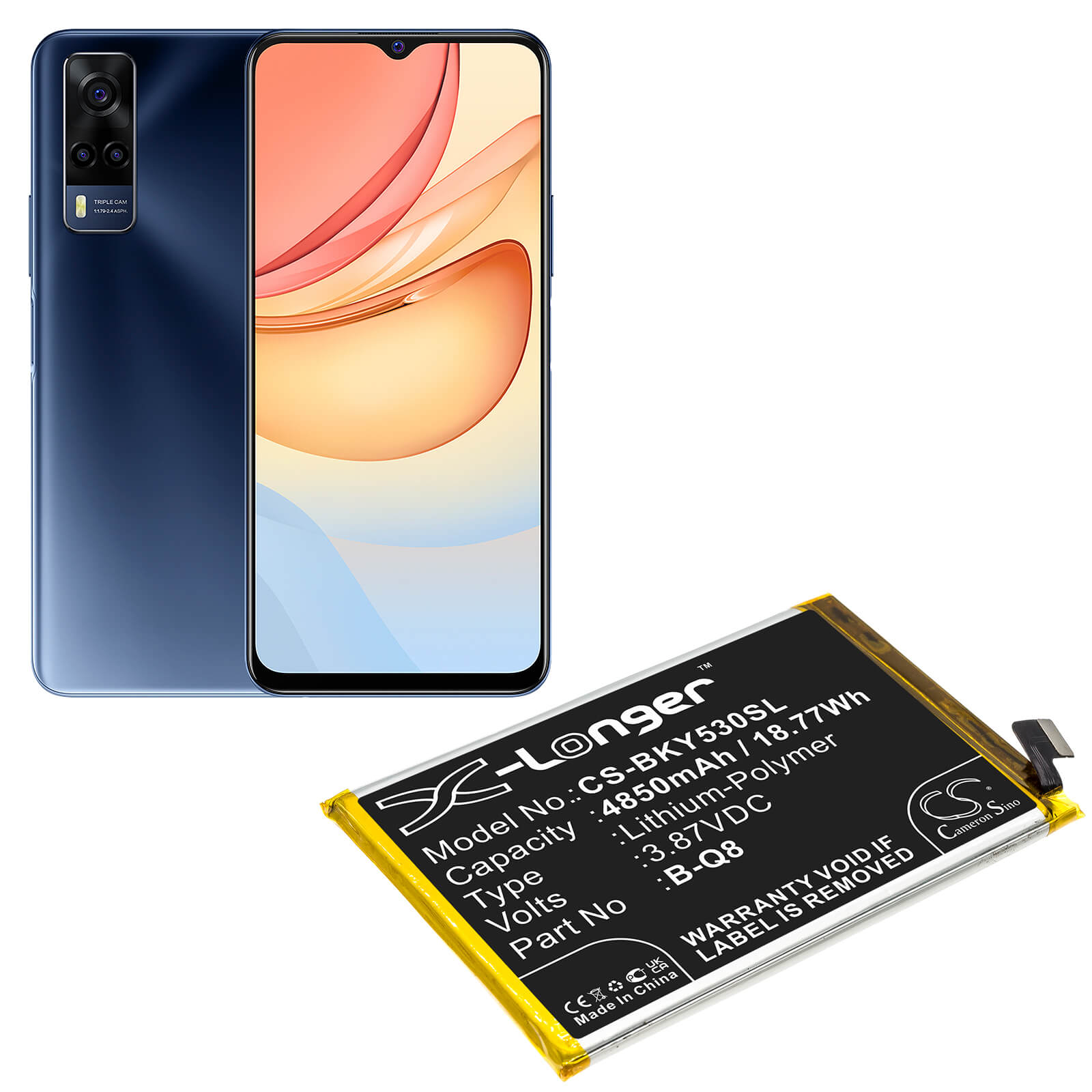 3.87V, 4850mAh, Li-Polymer Battery fits Vivo, V2058, V2111a, 18.7695Wh