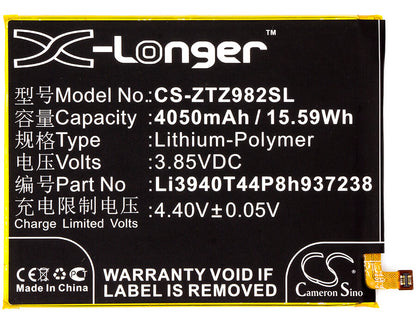 3.85V, 4050mAh, Li-Polymer Battery fits Zte, Blade Z Max, Z982, 15.5925Wh