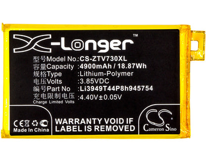 3.85V, 4900mAh, Li-Polymer Battery fits Zte, Blade A2 Plus, Blade A2 Plus Dual Sim Td-lte, 18.865Wh