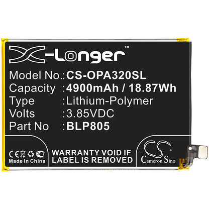 3.85V, 4900mAh, Li-Polymer Battery fits Oppo, A32, A53, 18.865Wh