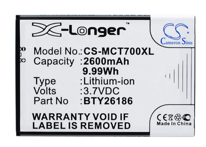 3.7V, 2600mAh, Li-ion Battery fits Mobistel, Cynus T7, Mt-600s, 9.62Wh