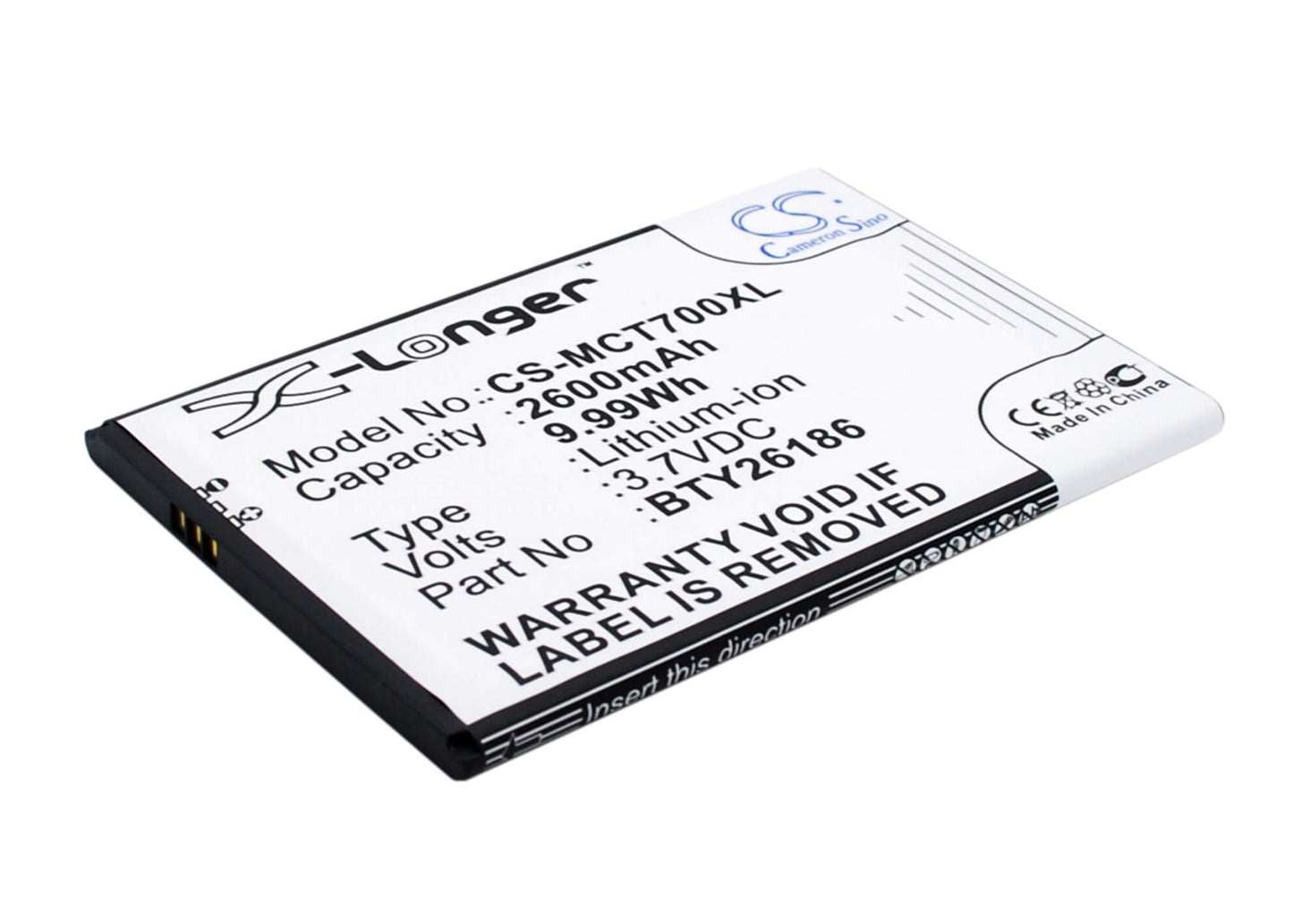 3.7V, 2600mAh, Li-ion Battery fits Mobistel, Cynus T7, Mt-600s, 9.62Wh