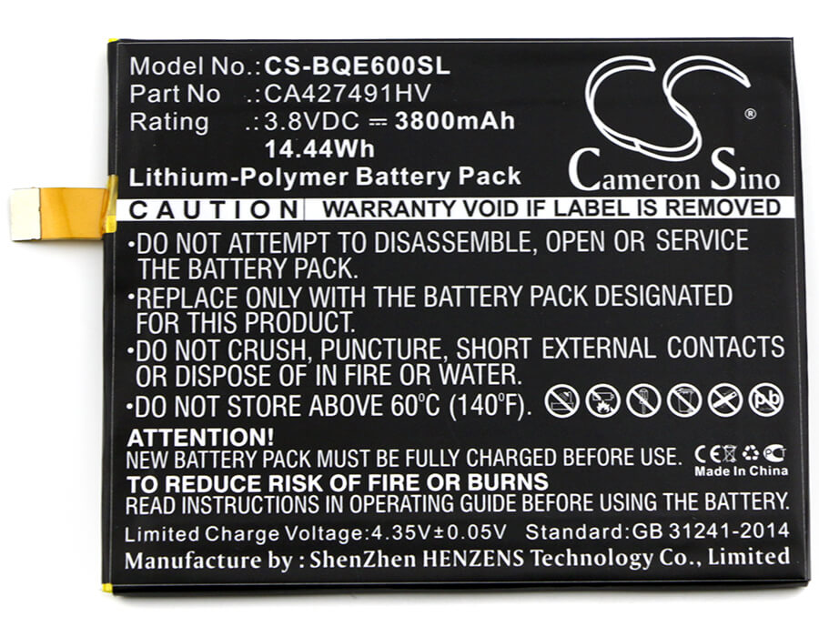 3.8V, 3800mAh, Li-Polymer Battery fits Bq, Aquaris E6, 14.44Wh