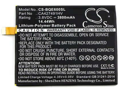 3.8V, 3800mAh, Li-Polymer Battery fits Bq, Aquaris E6, 14.44Wh