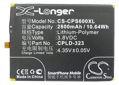 3.8V, 2800mAh, Li-Polymer Battery fits Coolpad, 9190l, 9190l-c00, 10.64Wh