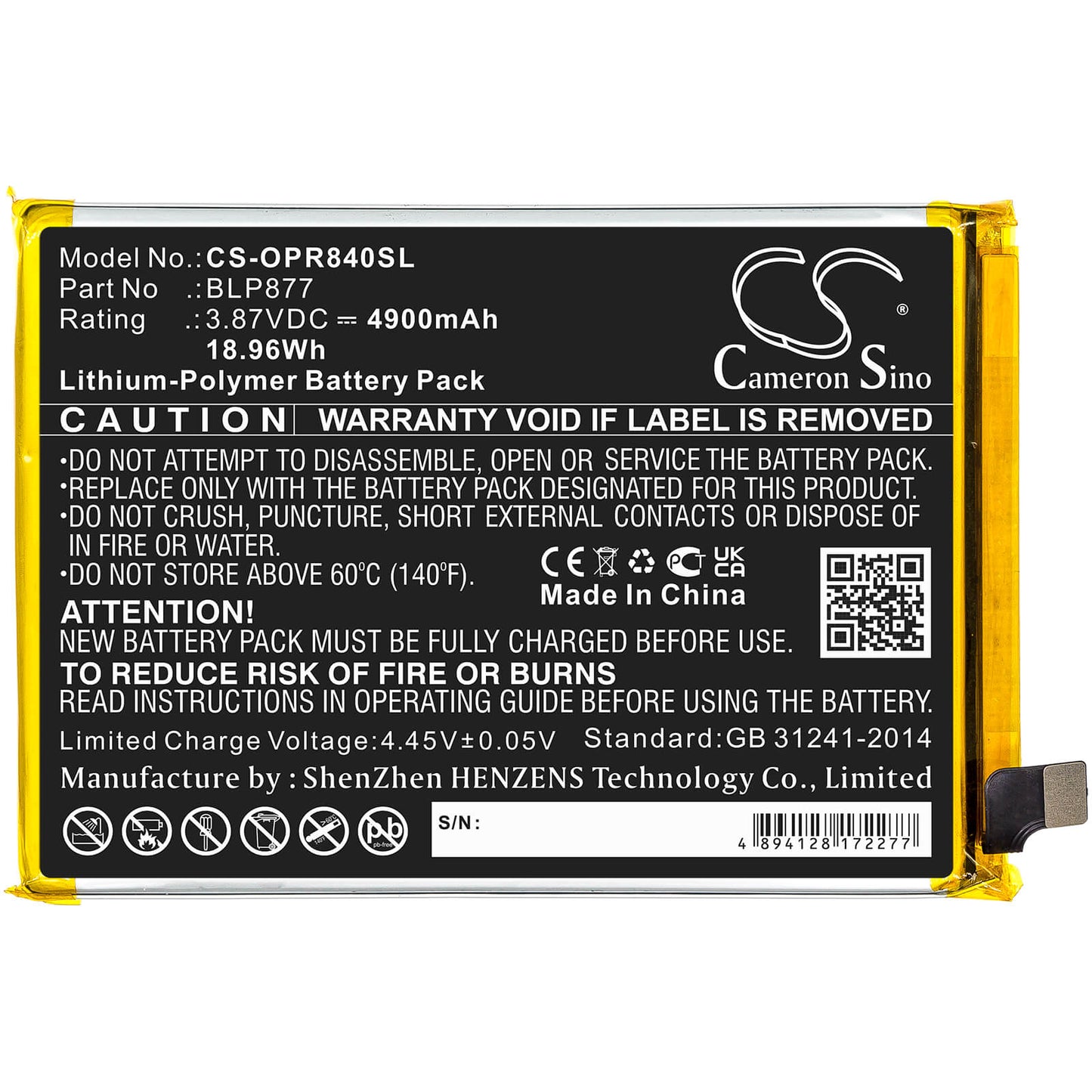 3.87V, 4900mAh, Li-Polymer Battery fits Oppo, Realme 8i, 18.963Wh