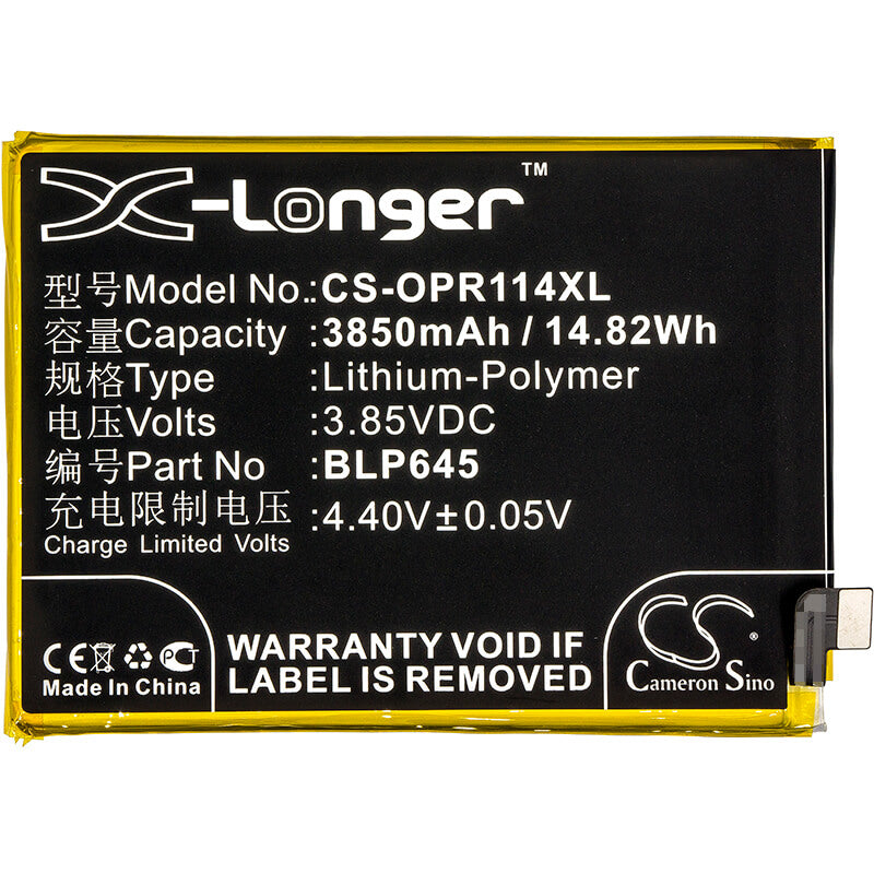 3.85V, 3850mAh, Li-Polymer Battery fits Oppo, Cph1721, R11s Plus, 14.8225Wh
