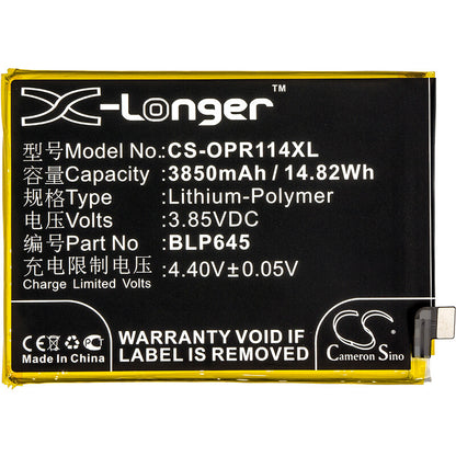 3.85V, 3850mAh, Li-Polymer Battery fits Oppo, Cph1721, R11s Plus, 14.8225Wh
