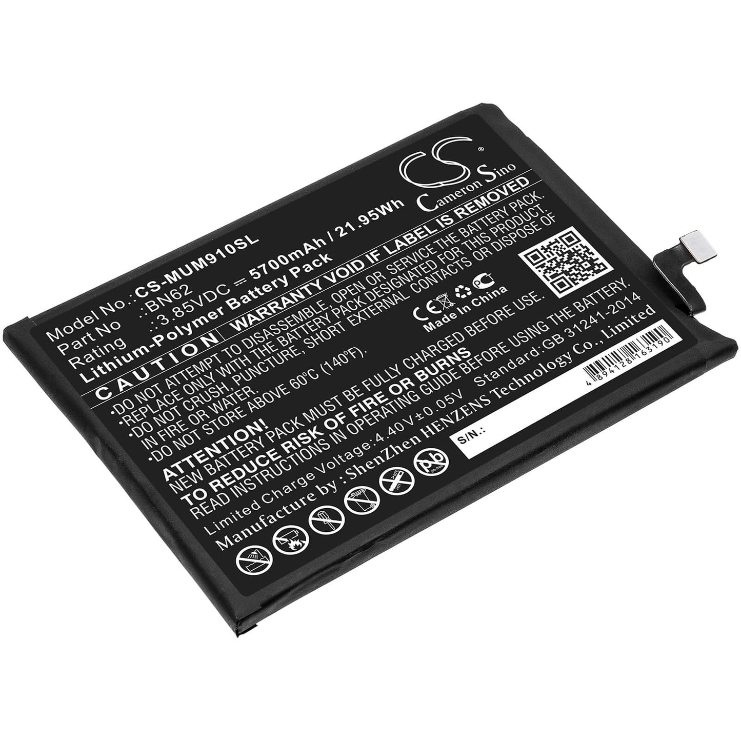 3.85V, 5700mAh, Li-Polymer Battery fits Redmi, M2010j19ct, Note 9 4g, 21.945Wh