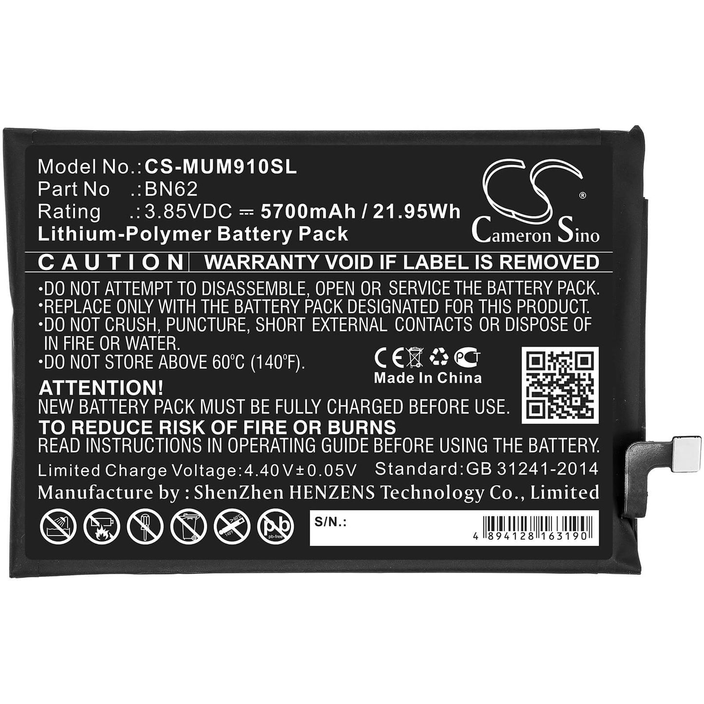 3.85V, 5700mAh, Li-Polymer Battery fits Redmi, M2010j19ct, Note 9 4g, 21.945Wh