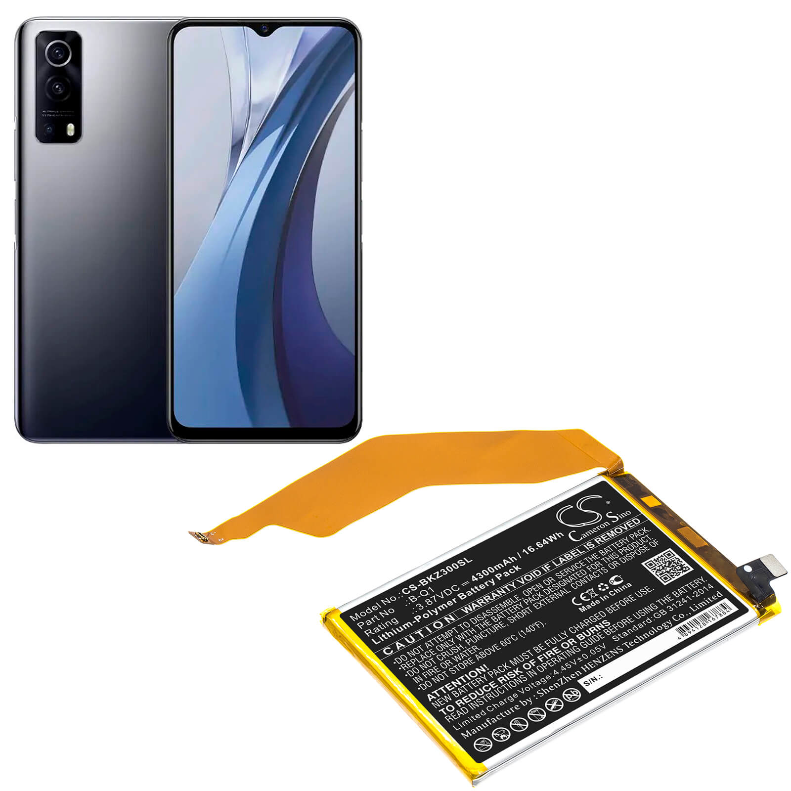 3.87V, 4300mAh, Li-Polymer Battery fits Vivo, Iqoo Z3, V2073a, 16.641Wh