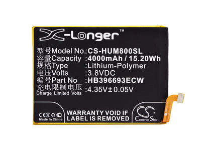 3.8V, 4000mAh, Li-Polymer Battery fits Huawei, Ascend Mate 8, Ascend Mate 8 Dual Sim, 15.2Wh