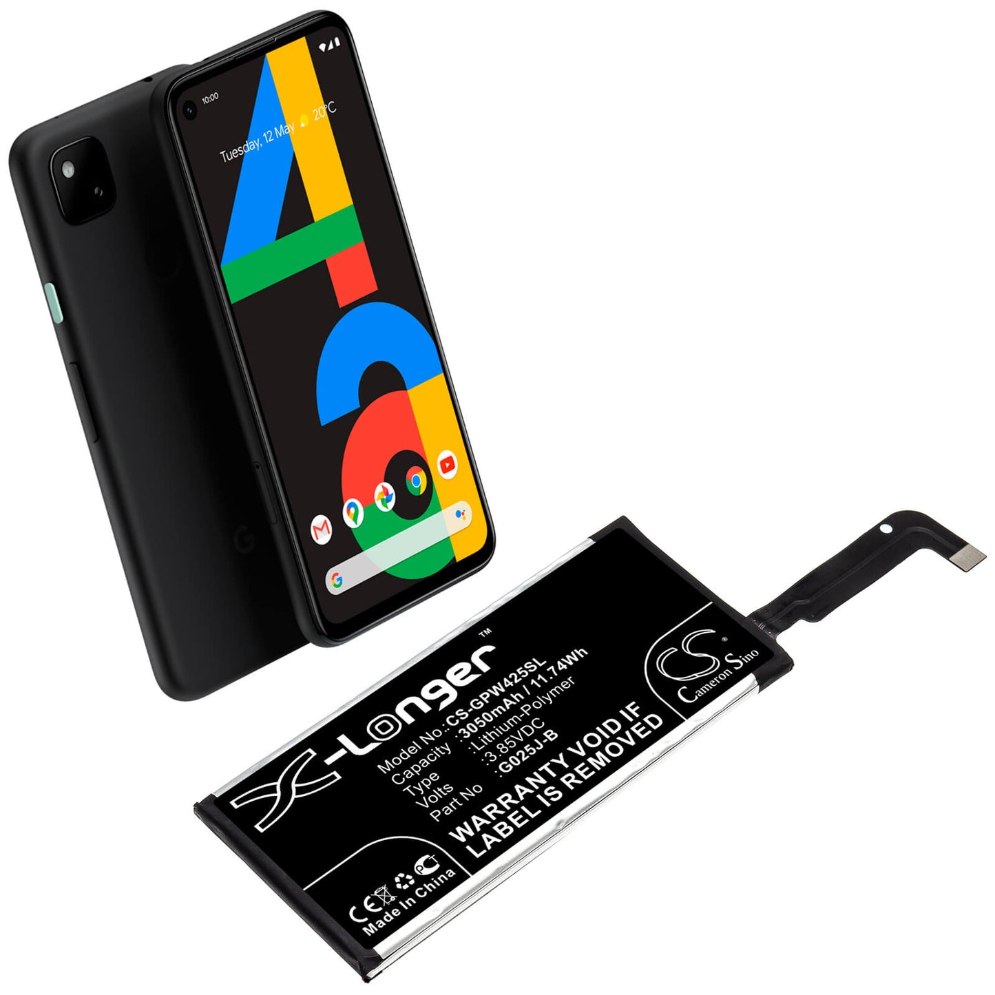 3.85V, 3050mAh, Li-Polymer Battery fits Google, Pixel 4a, 11.7425Wh