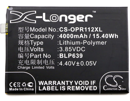 3.85V, 4000mAh, Li-Polymer Battery fits Oppo, R11 Plus, R11 Plus Dual Sim, 15.4Wh