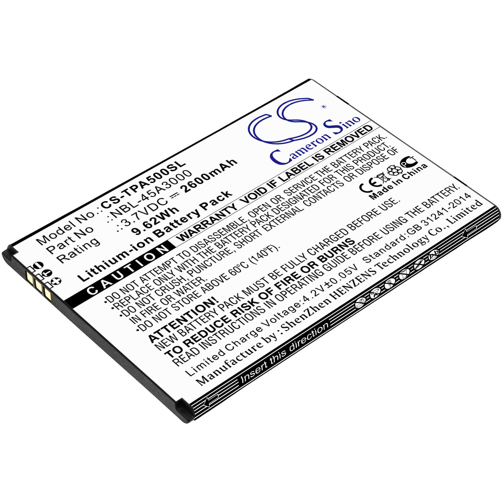 3.7V, 2600mAh, Li-ion Battery fits Tp-link, Neffos A5, Tp7032a, 9.62Wh