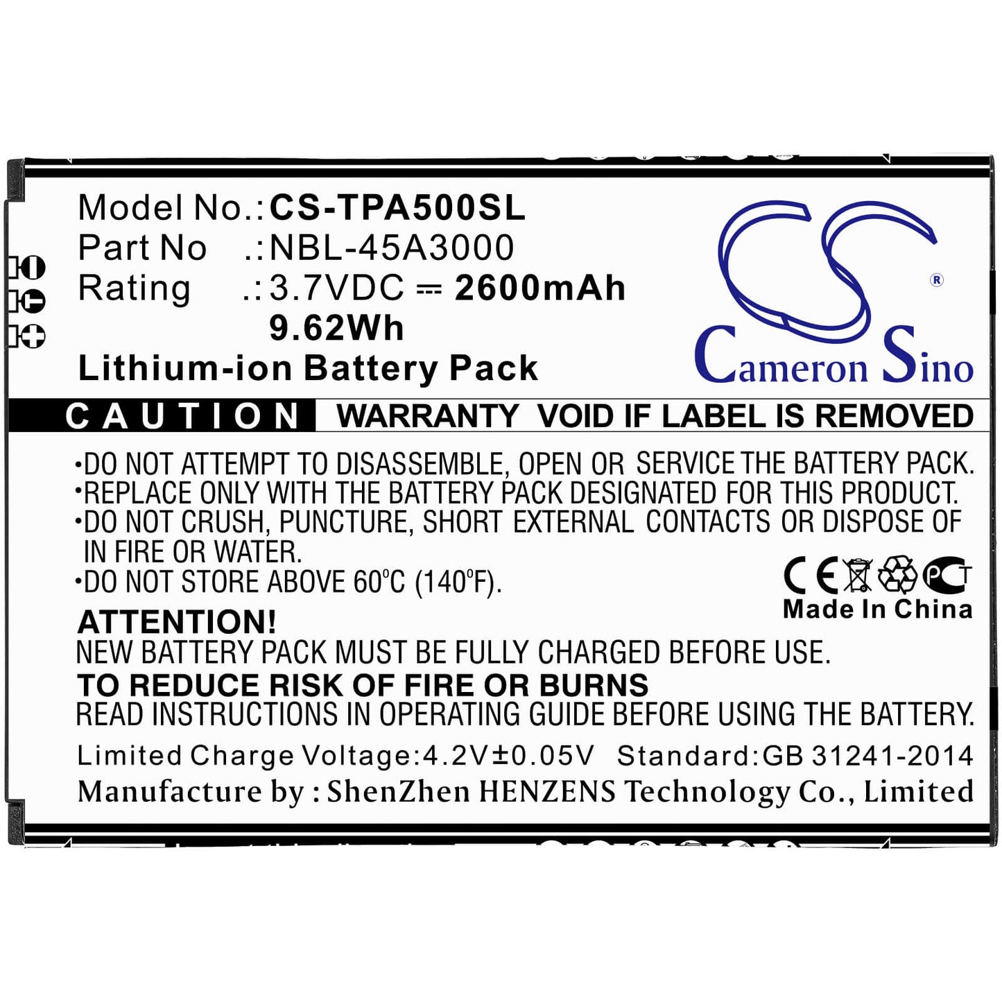 3.7V, 2600mAh, Li-ion Battery fits Tp-link, Neffos A5, Tp7032a, 9.62Wh