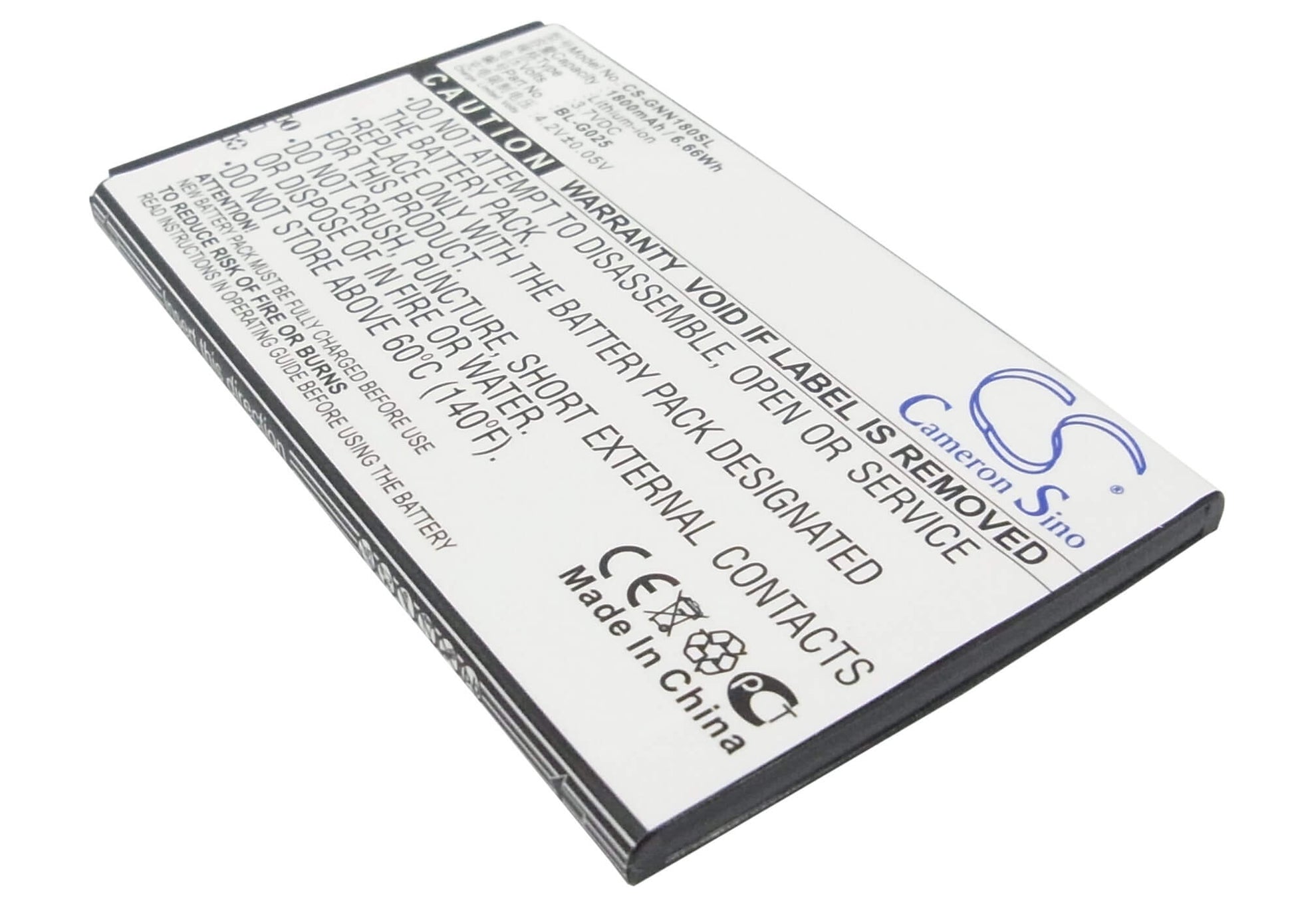 3.7V, 1800mAh, Li-ion Battery fits Gionee, Gn160, Gn180, 6.66Wh