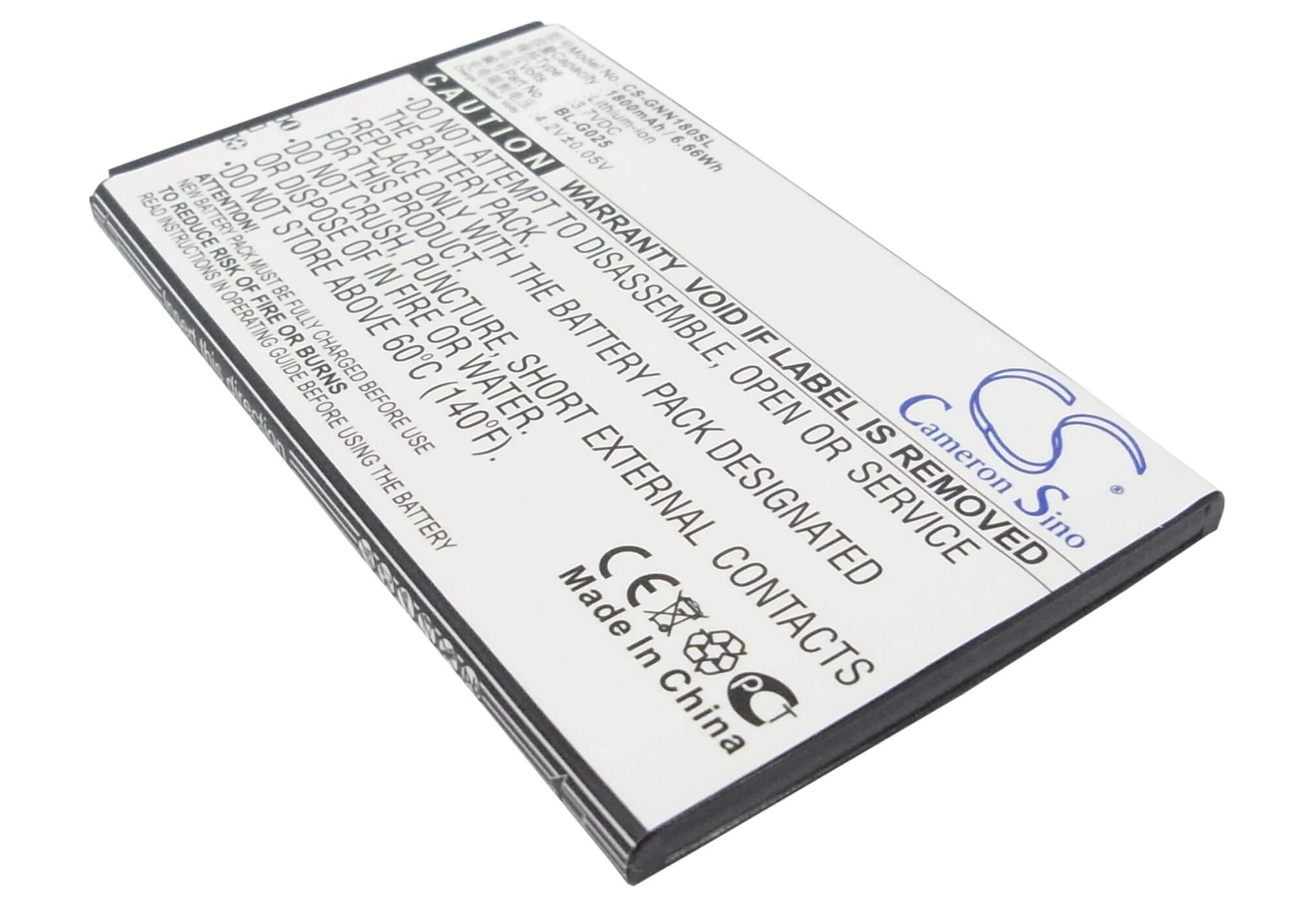 3.7V, 1800mAh, Li-ion Battery fits Gionee, Gn160, Gn180, 6.66Wh