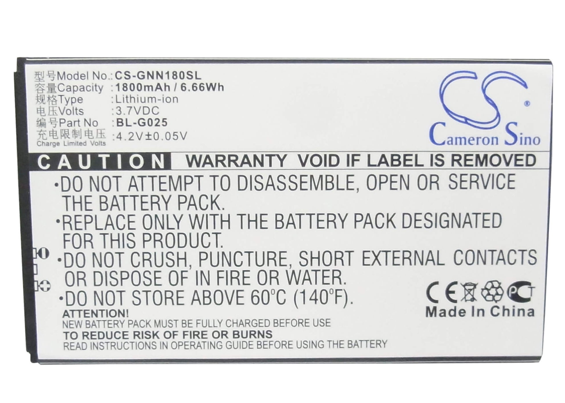 3.7V, 1800mAh, Li-ion Battery fits Gionee, Gn160, Gn180, 6.66Wh