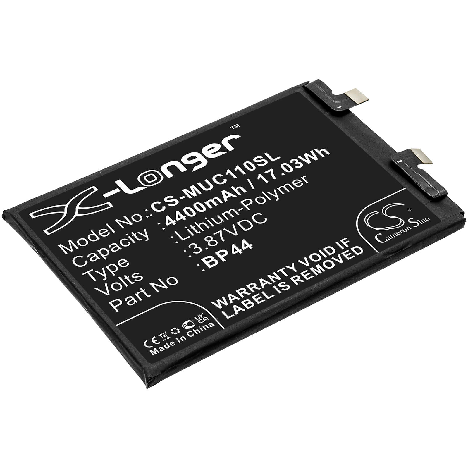 3.87V, 4400mAh, Li-Polymer Battery fits Xiaomi, Cc11, Civi 5g, 17.028Wh
